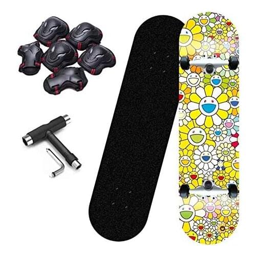 Skateboard 31"X8", 7-Layer Imported Maple Skateboard Double Rocker Type ABEC-7 Bearings, with Protective Gear and T Tools