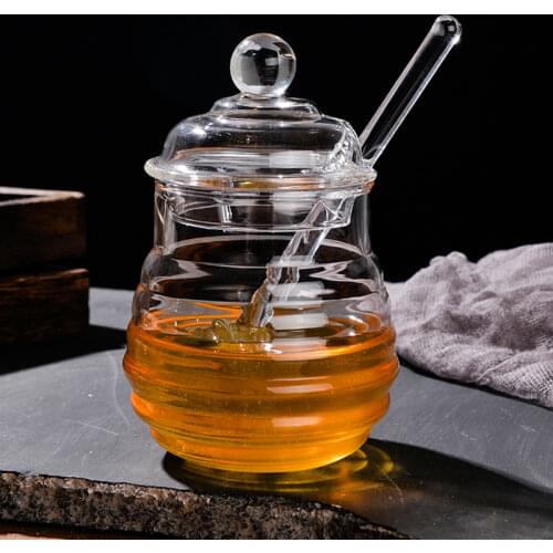 250ml Glass Honey Jar High Borosilicate Glass Honey Pot with Dipper Spoon Small Kitchen Storage Jar Container for Honey Syrup