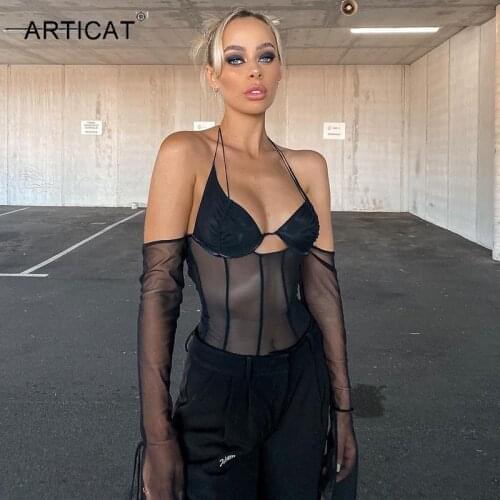 Articat Mesh Off-shoulder Black T-shirts Sexy Halter Backless Long Sleeve Transparent Crop Tops Femme Party Club Hollow Out Tees