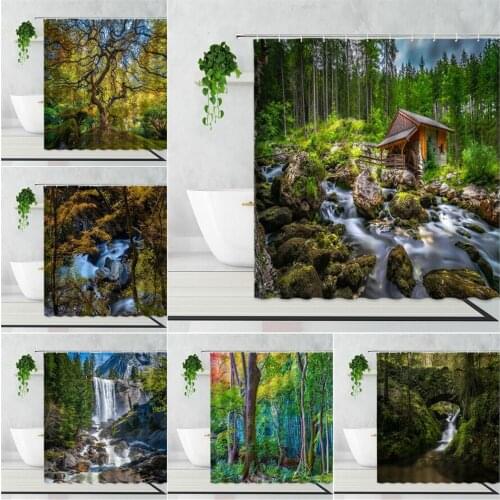Summer Forest Scenery Shower Curtain Wooden House Waterfall Green Jungle Home Decor Background Waterproof Bathroom Bath Curtains
