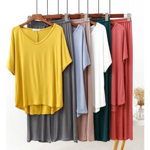 Womens Modal Patchwork Pajamas Set Sleepwear Women Pajama 2Piece/Suit Full Sleeves Shirt Pant Lingerie Mom Top Casual Homewear