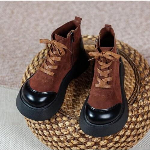 Woman Boots Cross-Tied Flock Female Shoes Women 2022 British Style Autumn New Lovely Round Toe Platform Shoes Martin Boot W03
