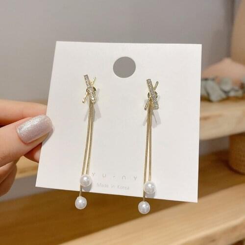 925 Silver Needle Korean Long Tassel Pearl Earrings Female Cross Personality Temperament Net Red Earrings