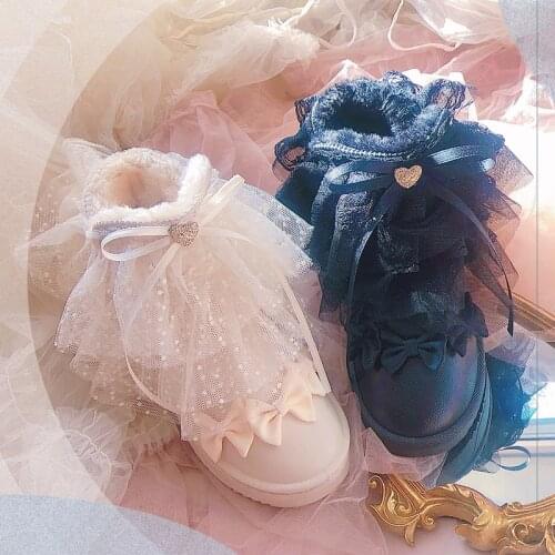 Gothic black ruffled round bow shoes punk Lolita lolita lace snow boots set foot low tube butterfly female boots cos Lolita loli