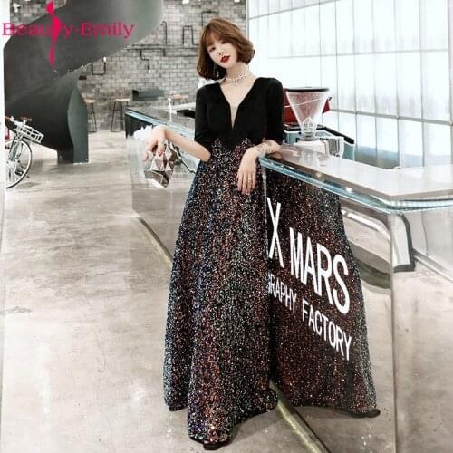 Beauty Emily 2020 Sexy V Neck Lace Sequined Evening Dress Long Elegant Half Sleeve Zipper Back Black Formal Dress Vestidos