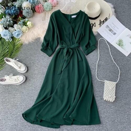 Sanishroly Spring Autumn Women V-Neck Lantern Sleeve Long Dresses Sexy Tie Bow A-Line Dress Female With Belt Dress Vestidos C021