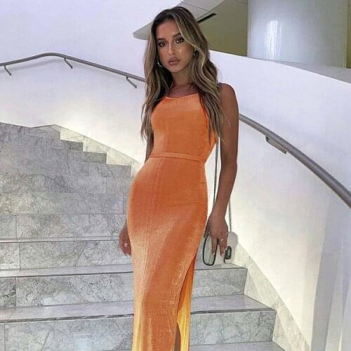 Sexy Backless Slit Bodycon Midi Knitted Dress for Women 2021 Summer Sleeveless Bandage Casual Party Long Dresses Beach Holiday