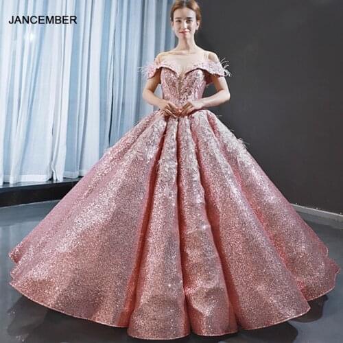 J66936 Jancember Pink Quinceanera Dress 2020 Sweetheart Off The Shoulder Feather Applique Sequin Ball Gowns Vestidos Quinceañero