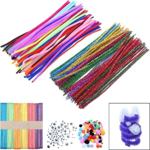 1 Set DIY Chenille Stems Pipe Cleaners + Fluffy Pompoms + Toy Eyes + Wood Sticks For Plush Toy Manual DIY Material Bag