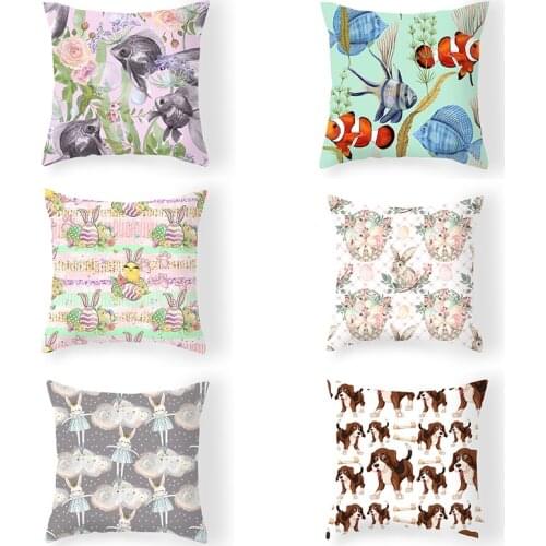 Easter Pillowcase Cute Bunny Dog Fish Printed Peachskin Pillow Cover For Bedroom/Living Room Decoration Home Textile 45*45cm 1pc