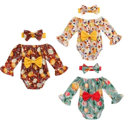 2020 0-18M Infant Baby Girl Halloween Playsuit Autumn Casual Cotton Clothes Pumpkin Print Bow Long Sleeve Romper One Piece