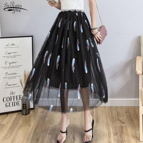 2021 Spring and Summer New Elegant Sweat Fairy Tulle Tutu Skirt Black Midi-skirt Korean Lace Embroidery Feathers Skirts 9588