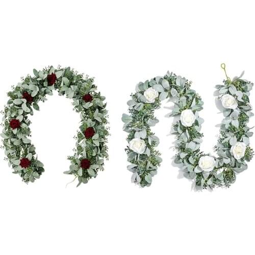 6.7Ft Eucalyptus Garland with Flowers, Lambs Ear Greenery White Roses Fake Vines for Wedding Table Mantle-ABUX