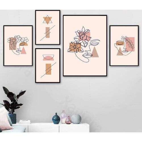 Girl Face Flower Leaf Pink Abstract Geometric Art Canvas Painting Nordic Poster Prints Wall Pictures for Living Room Home Decor