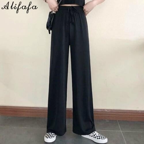 Wide Leg Pants Women Pure Black Lace-up Korean Style Loose Leisure High Waists Female Spring Long Daily Trousers Streetwear Fall