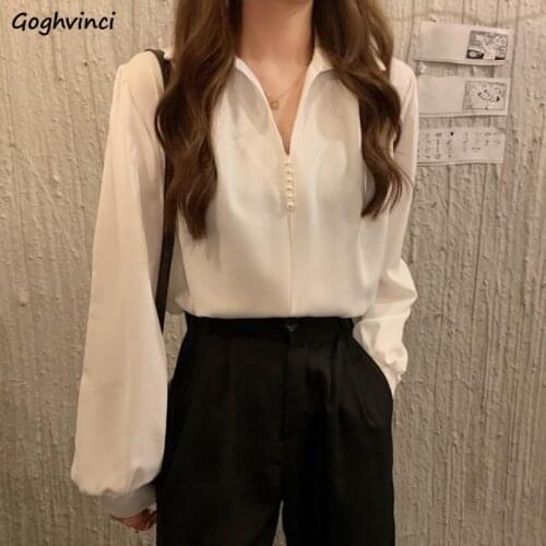 Spring Autumn Shirts Women Loose Beading V-neck Temperament Female Blouses Streetwear Chic All-match Office Lady Korean Style