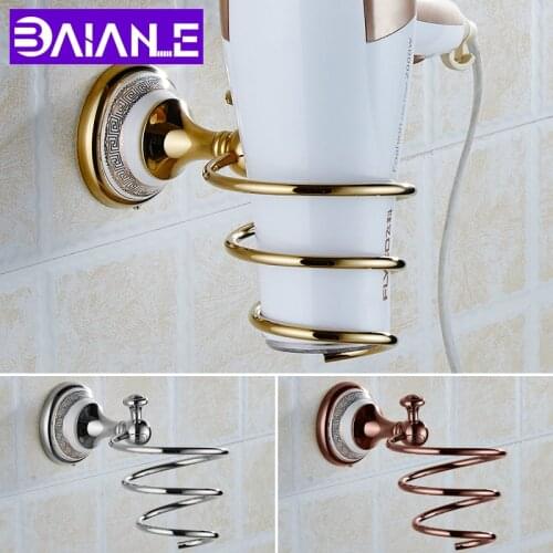 Bathroom Hair Dryer Holder Gold with Hook Brass Ceramic European Style Toilet Hair Dryer Rack Save Space Wall Mounted
