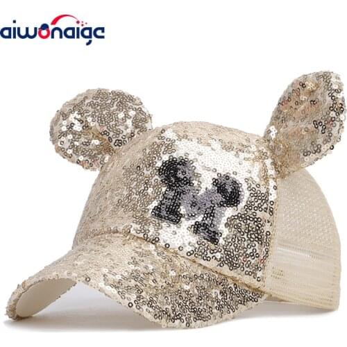 Cute Mickey Sequin Childrens Baseball Caps Boys Girls Universal Adjustable High Quality Outdoor Shade Summer Net hats mesh bone