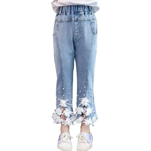 Girls Jeans Floral Appliques Jeans For Girls Pearls Kid Jeans Summer Clothes For Girls 6 8 10 12 14