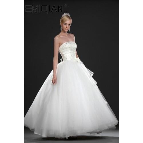 Elegant Vestido De Noiva Long Ball Gown Wedding Dresses White Tulle Beaded Bridal Gown Strapless