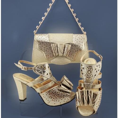 Italian Design New Elagangt Fashion Style Noble Pink Color Ladies Shoes and Bag Set Decorated With Rhinestone