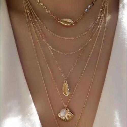 HOCOLE Vintage Gold Bead Cowrie Shell Choker Necklace For Women Bohemian Layered Chain Coin Sequins Pendant Necklaces Jewelry