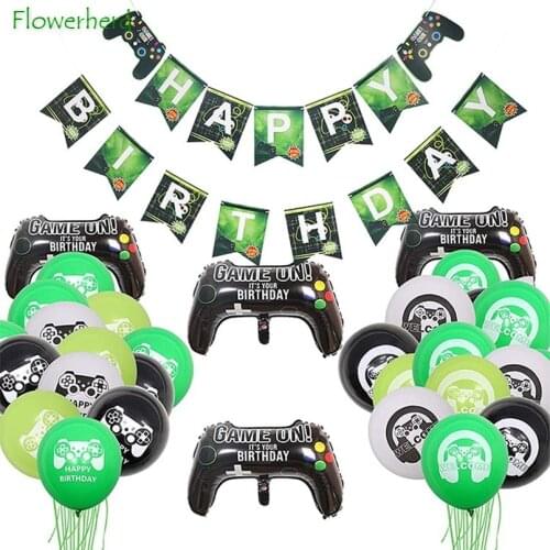 Game on Green Video Game Birthday Party Decorations Balloon Set Banner Aluminum Film Balloons Flag Party Supplies Decoration