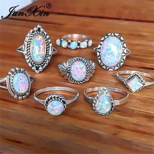 JUNXIN 8pcs/set Boho Female Midi Ring Sets Antique Silver Color Metal Marquise Teardrop Oval Round Rainbow Fire Opal Ring Women