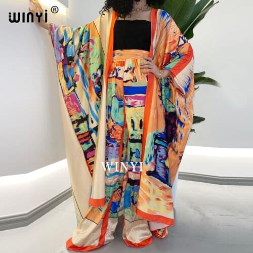WINYI two-piece suit Boho Printed Over Size kimono Batwing Sleeve sukienka Women Elastic Silk Floor Length New Fashion Tide