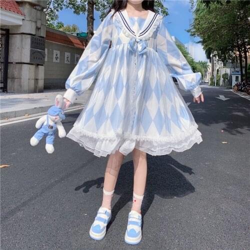 Sweet Womens Lolita OP Dress Loose Dress Sailor Collar Cute One Piece Fall Elegant Dress Color Blue & White Besties Dress