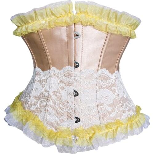 Fashion Sexy Womens Artificial Silk Lace Trim Ruffles Underbust Corset Mysterious Boned Lace up Waist Cincher Bustier Lingerie