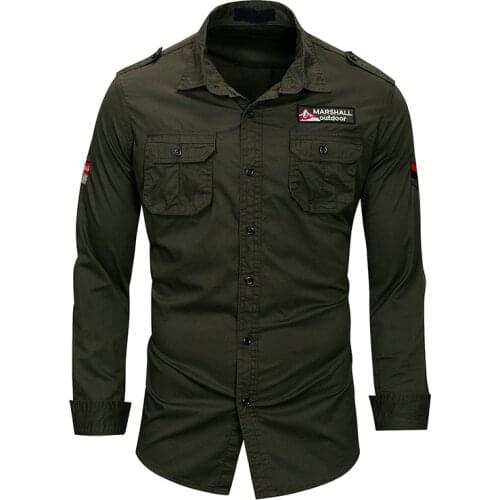 QSuper Spring&Autumn 100% Cotton Men Shirts Military Long Sleeve Casual Mens Shirt Cargo Style Embroidery Male Shirts Clothing
