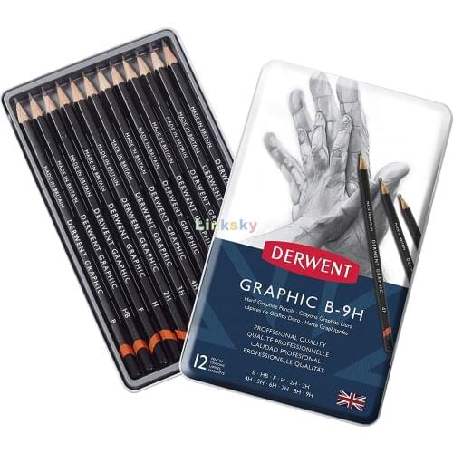 Lapis Graduado Derwent Graphic 12 Graduacoes Hard (9h A B),Estojo metal contendo,Graphic Hard 12pcs Tin box,Art supplies