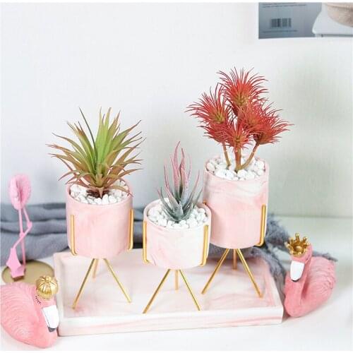 Nordic Ceramic Iron Art Marble Vase Pattern Rose Gold Green Table Plant Pot For Home Office Vases Decor Succulent Flower Pot