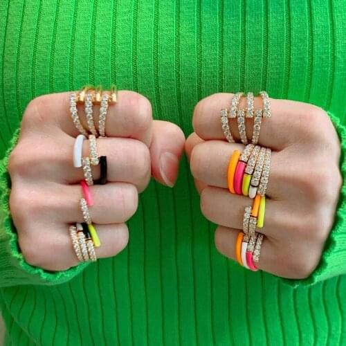2021 Summer New Colorful Rainbow Zircon Copper Finger Pastel Enamel Rings for Women Girl Party Jewelry