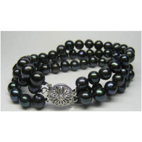 NEW 7-8MM 3Strds Black Natural freshwater Cultured Pearl Bracelet 7.5" A