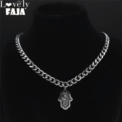 Punk Hamsa Hand Stainless Steel Black Crystal Islam Chokers Necklace Silver Color Necklaces Jewelry mano de fatima N4873S03