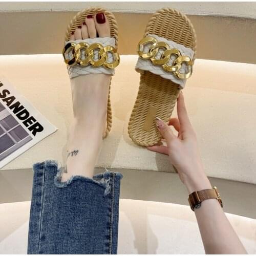 Slippers Ladies Beach Shoes Low Top Sandals Beige High Heel Sandals Massage Summer Rubber Shoes Flat Black Solid Chain PU Basic