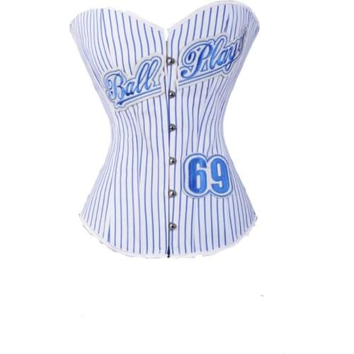 Blue Gothic Sexy Women Corset Bustier Striped Halloween Costume Lace Up Lingerie Overbust Top Body Shaper