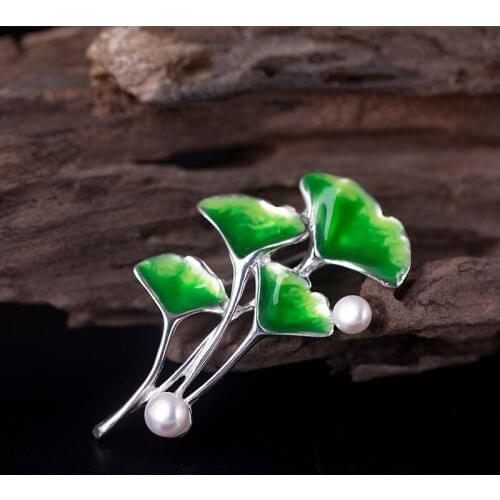 Ginkgo Leaf Pearl Brooch 925 Sterling Silver Pins Green Brooches For Women Designer Fine Jewelry Luxury Gift Accessories 2020