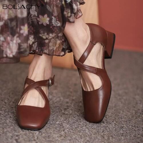 2021 Square Med Heels Back Strap Women Sandals Cross belt buckle Summer Ladies Pumps Square Toe Concise Female Shoes 32-43 Beige