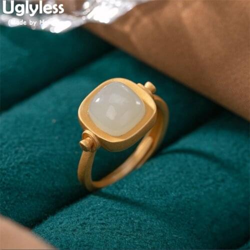 Uglyless Concave Round Square Rings for Women Geometric Minimalism Jewelry Natural Jade 925 Silver Rings Simple Fashion Bijoux