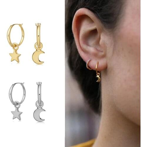 ELESHE Genuine 925 Sterling Silver Moon Star Hoop Earrings for Women 18K Gold Plated Huggie Earrings Delicate Jewelry Wholesale