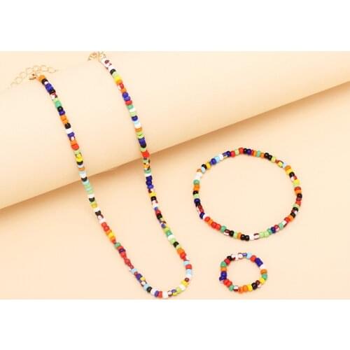 2021 New Fashion Retro Bead Necklace Bracelet Ring 3 Piece Set Womens Bohemian Necklace Bracelet Set Jewelry Wholesale