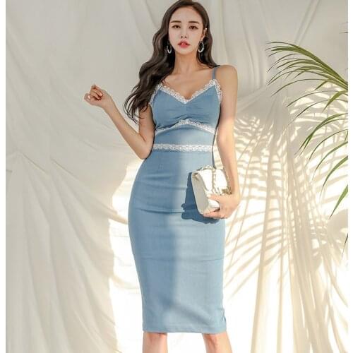 New arrival fashion denim dress women elegant summer sexy v-neck slip dress temperament simple office lady pencil midi dress