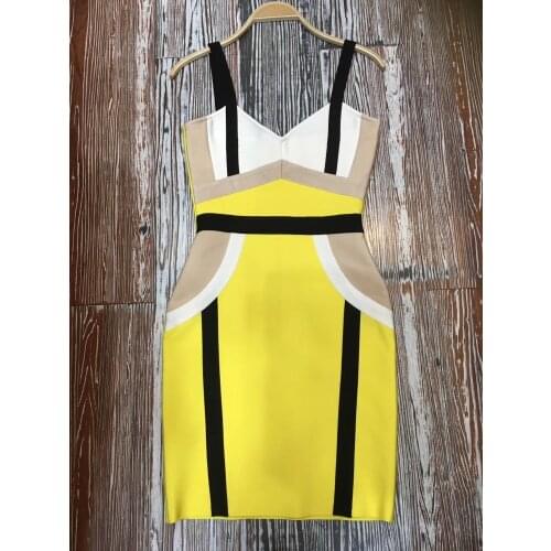 Autumn New Womens Fashion Sexy Bandage Dress Yellow Nude Patchwork Black Spaghetti V-neck Celebrity Party Dress Mini Dress