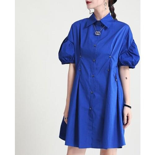 Johnature 2021 Summer New Fashion Women Shirt Dresses Turn-down Collar Puff Sleeve Loose 3 Colors Button Female Dress