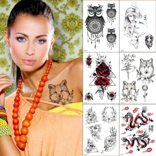 6pcs/lot temporary tattoo sticker wolf fox flower owl animals arm sleeve tattoo stretch waterproof body art stickers wholesale