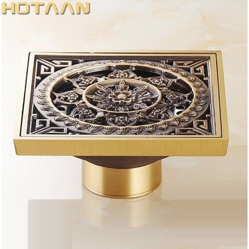 Free Shipping High Quality Antique Brass Carved Flower Art Bathroom Accessory Floor Drain Waste Grate100mm*100mm YT-2110