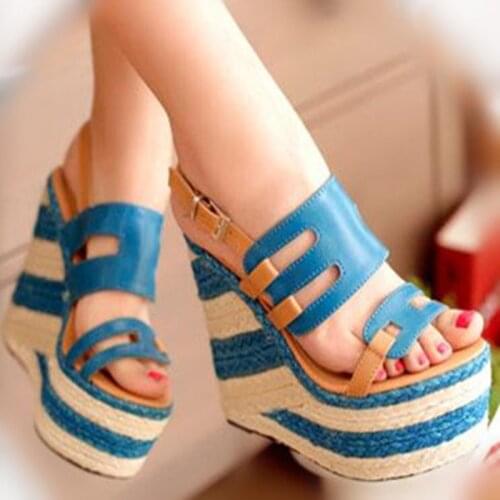 14 cm High Heel Sandals Women Wedges Summer Shoes 2018 New Strew Heel Strap Sandal